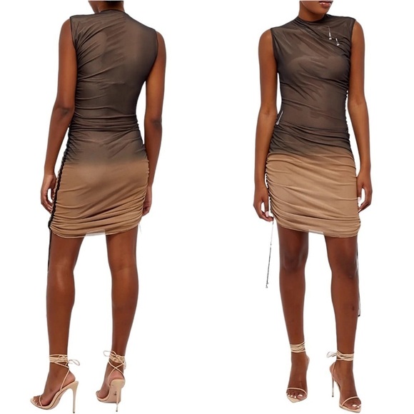 16Arlington Dress Antares Mesh Mini Powder Smoke Brown Bodycon Cocktail 4 Small - Picture 1 of 9